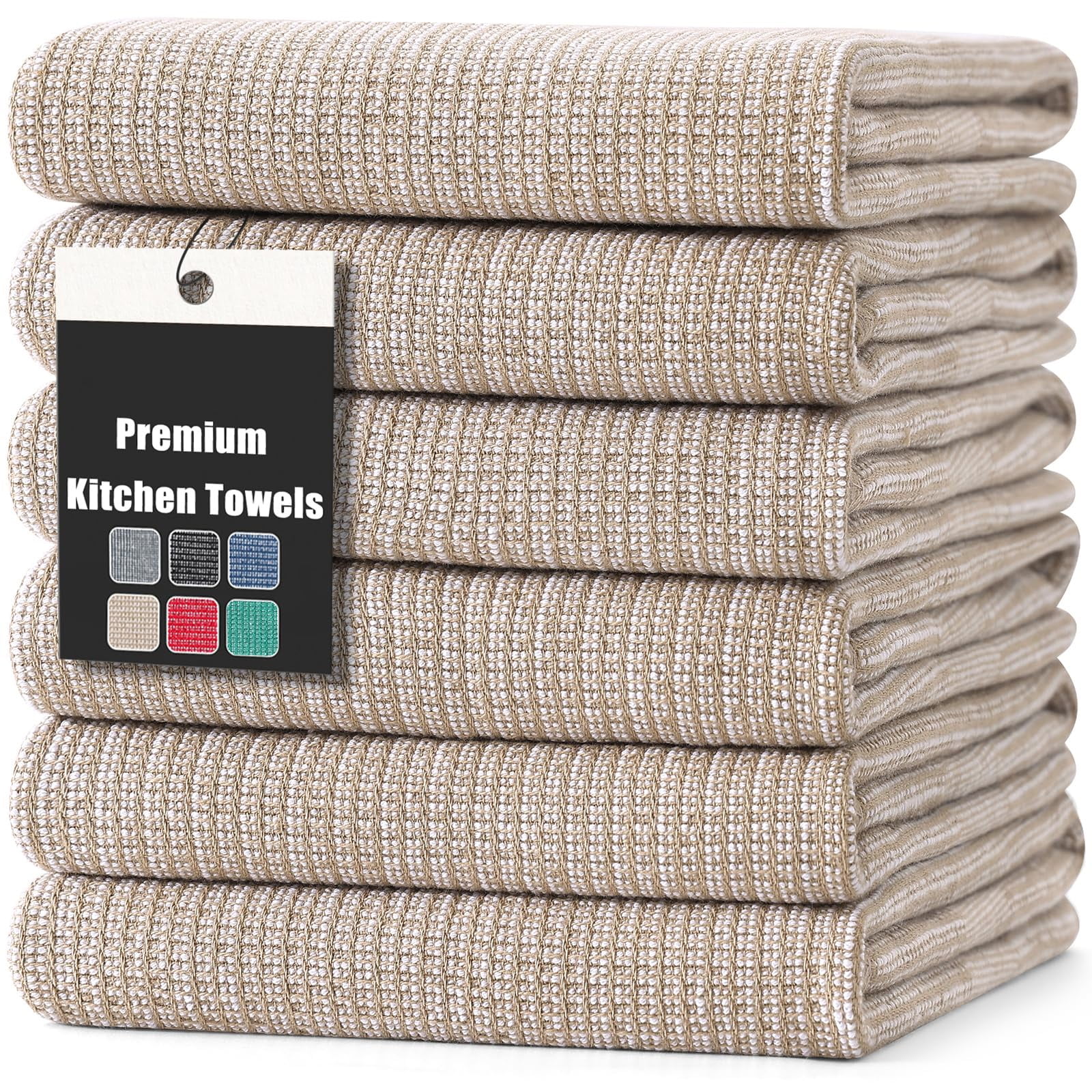decorUhome Premium Kitchen Towels(18"x 28", 6 Pack), Large Cotton Kitchen Hand Towels, Khaki