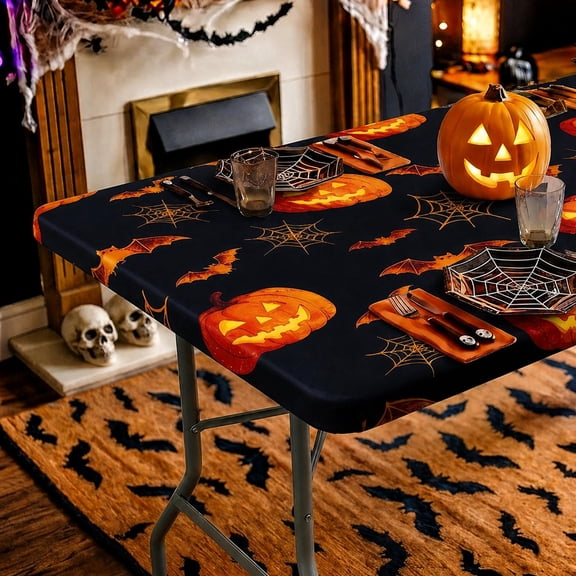 decorUhome Rectangle Halloween Fitted Tablecloth 6 FT Tables, Washable Picnic Table Cover with Elastic, Washable Reusable Table Cloth for Party, Dining (Bat Pumpkin, 30"x72")