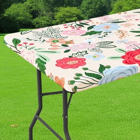 decorUhome Rectangle Spandex Fitted Tablecloth 6 FT Tables, Washable Picnic Table Cover with Elastic, Washable Reusable Table Cloth for Dining (Beige Flower, 30"x72")
