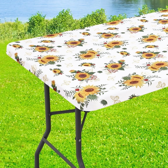 decorUhome Rectangle Spandex Fitted Tablecloth 6 FT Tables, Washable Picnic Table Cover with Elastic, Washable Reusable Table Cloth for Dining (Butterfly Sunflower, 30"x72")