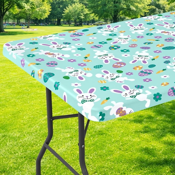 decorUhome Rectangle Spandex Fitted Tablecloth 6 FT Tables, Washable Picnic Table Cover with Elastic, Washable Reusable Table Cloth for Dining (Easter Eggs, 30"x72")