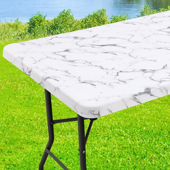 decorUhome Rectangle Spandex Fitted Tablecloth 6 FT Tables, Washable Picnic Table Cover with Elastic, Washable Reusable Table Cloth for Dining (Marble, 30"x72")