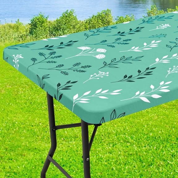 decorUhome Rectangle Spandex Fitted Tablecloth 6 FT Tables, Washable Picnic Table Cover with Elastic, Washable Reusable Table Cloth for Dining (Sage Green Leaf, 30"x72")