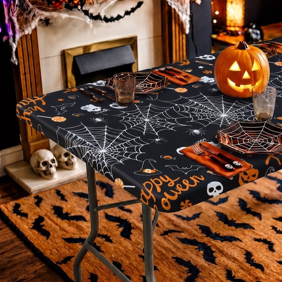decorUhome Rectangle Halloween Fitted Tablecloth 6 FT Tables, Washable Picnic Table Cover with Elastic, Washable Reusable Table Cloth for Party, Dining (Spider Skeleton, 30"x72")