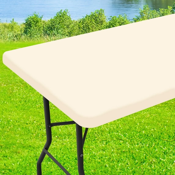 decorUhome Rectangle Stretch Spandex Tablecloth, Washable Reusable Table Cover for 8 FT Tables, Waterproof Fitted Table Cloth for Party, Picnic (Beige, 30"x96")