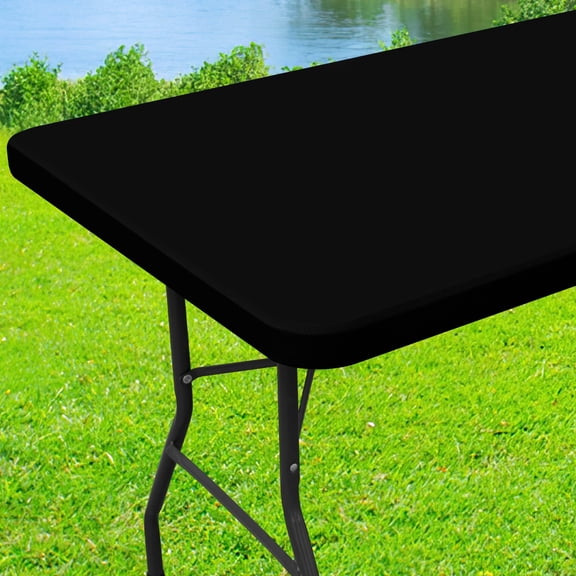 decorUhome Rectangle Stretch Spandex Tablecloth, Washable Reusable Table Cover for 8 FT Tables, Waterproof Fitted Table Cloth for Party, Picnic (Black, 30"x96")
