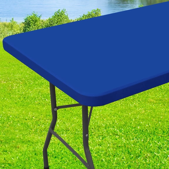 decorUhome Rectangle Stretch Spandex Tablecloth, Washable Reusable Table Cover for 8 FT Tables, Waterproof Fitted Table Cloth for Party, Picnic (Blue, 30"x96")