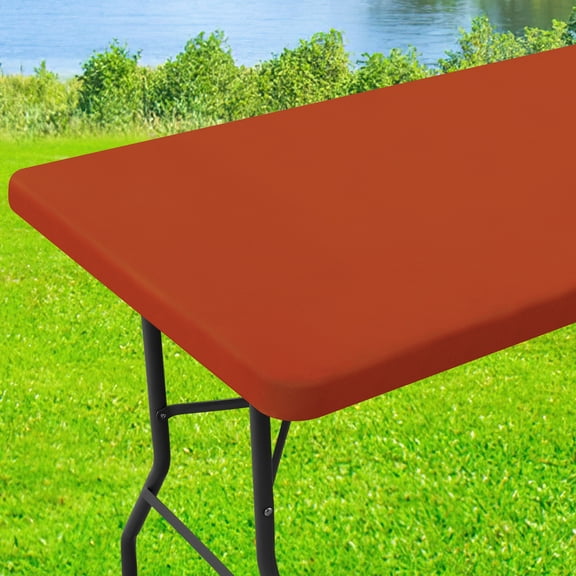 decorUhome Rectangle Stretch Spandex Tablecloth, Washable Reusable Table Cover for 8 FT Tables, Waterproof Fitted Table Cloth for Party, Picnic (Rust, 30"x96")