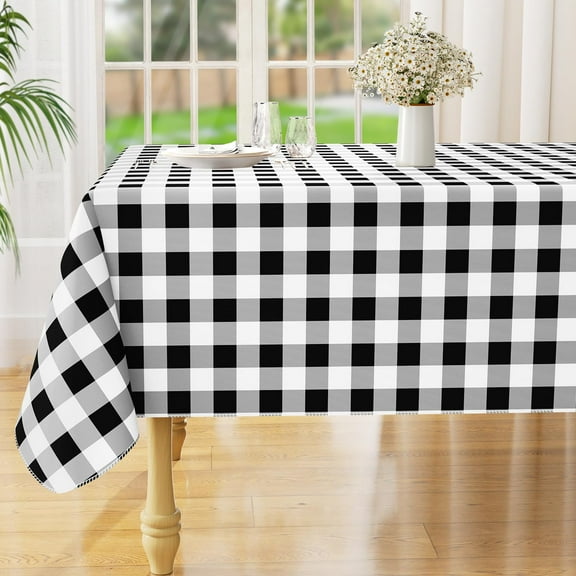 decorUhome Rectangle Tablecloth, Waterproof Vinyl Flannel Backed Table Cloth, Buffalo Wipeable Plastic Table Cover for Kitchen and Outdoor, Black and White, 60" x 102"