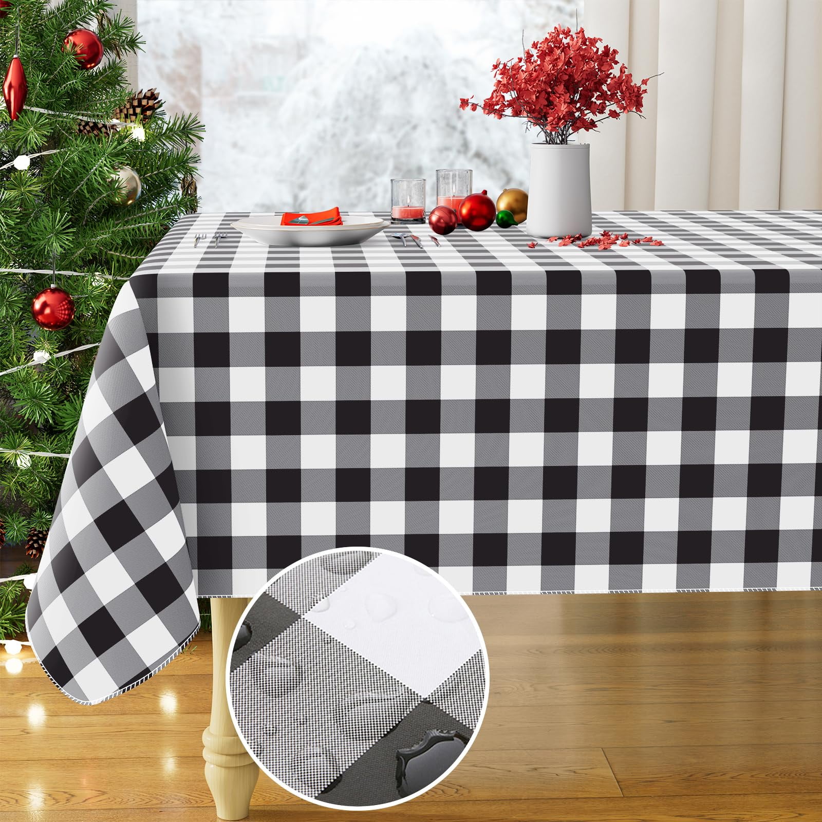 "decorUhome Vinyl Plaid Tablecloth, Waterproof, Flannel Backed, Wipeable for Kitchen & Outdoor, Black & White, 60"" x 84"