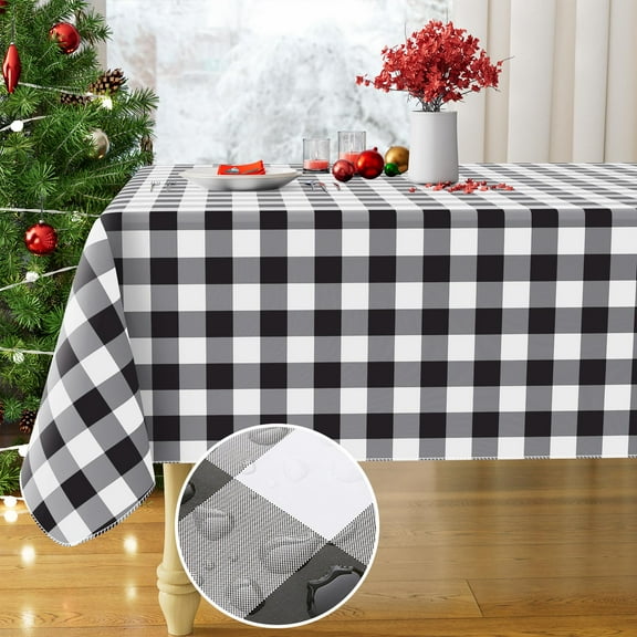 decorUhome Rectangle Tablecloth, Waterproof Vinyl Flannel Backed Table Cloth, Buffalo Wipeable Plastic Table Cover for Kitchen and Outdoor, Black and White, 60" x 84"
