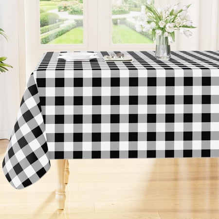 decorUhome Rectangle Tablecloth, Waterproof Vinyl Flannel Backed Table Cloth, Buffalo Wipeable Plastic Table Cover for Kitchen and Outdoor, Black and White, 60" x 84"