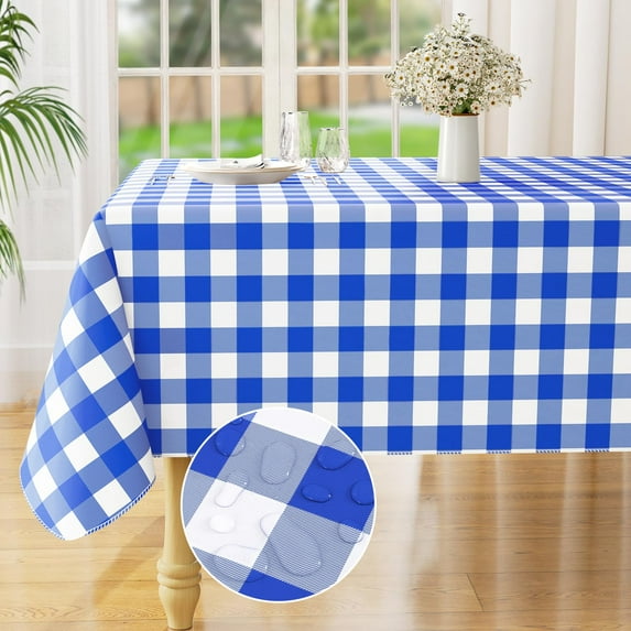 decorUhome Rectangle Tablecloth, Waterproof Vinyl Flannel Backed Table Cloth, Buffalo Wipeable Plastic Table Cover for Kitchen and Outdoor, Blue and White, 60" x 102"