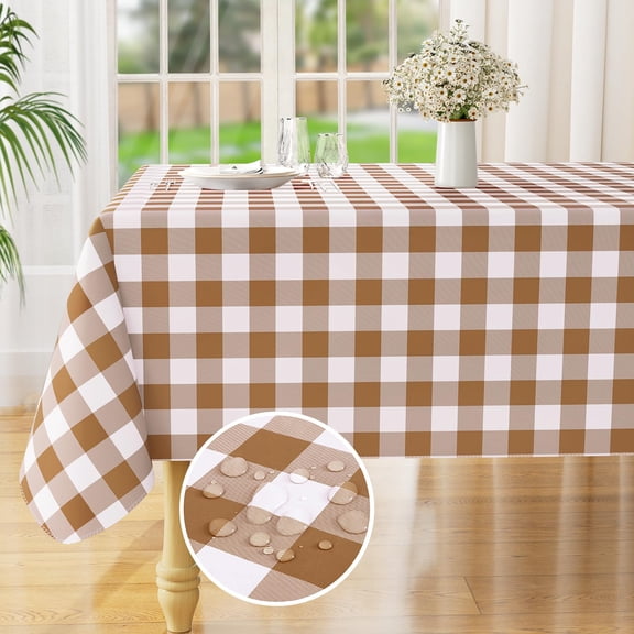 decorUhome Rectangle Tablecloth, Waterproof Vinyl Flannel Backed Table Cloth, Buffalo Wipeable Plastic Table Cover for Kitchen and Outdoor, Brown and White, 60" x 120"