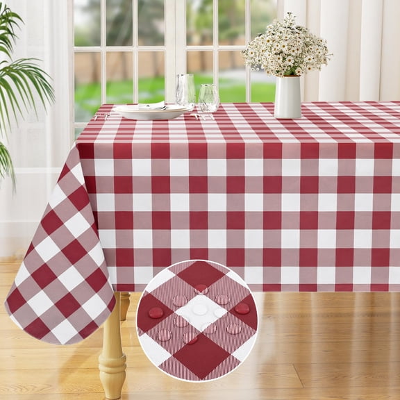 decorUhome Rectangle Tablecloth, Waterproof Vinyl Flannel Backed Table Cloth, Buffalo Wipeable Plastic Table Cover for Kitchen and Outdoor, Burgundy and White, 60" x 84"
