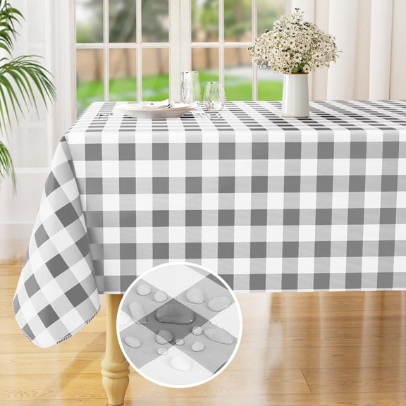 decorUhome Rectangle Tablecloth, Waterproof Vinyl Flannel Backed Table Cloth, Buffalo Wipeable Plastic Table Cover for Kitchen and Outdoor, Grey and White, 52" x 70"