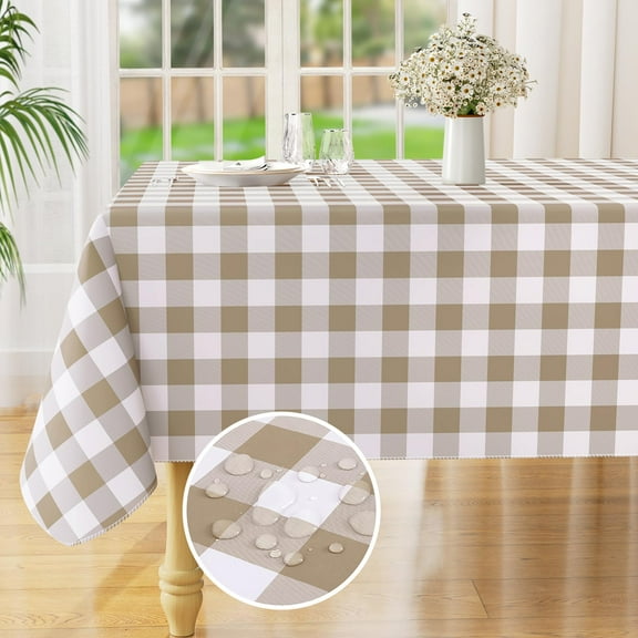 decorUhome Rectangle Tablecloth, Waterproof Vinyl Flannel Backed Table Cloth, Buffalo Wipeable Plastic Table Cover for Kitchen and Outdoor, Khaki and White, 60" x 102"