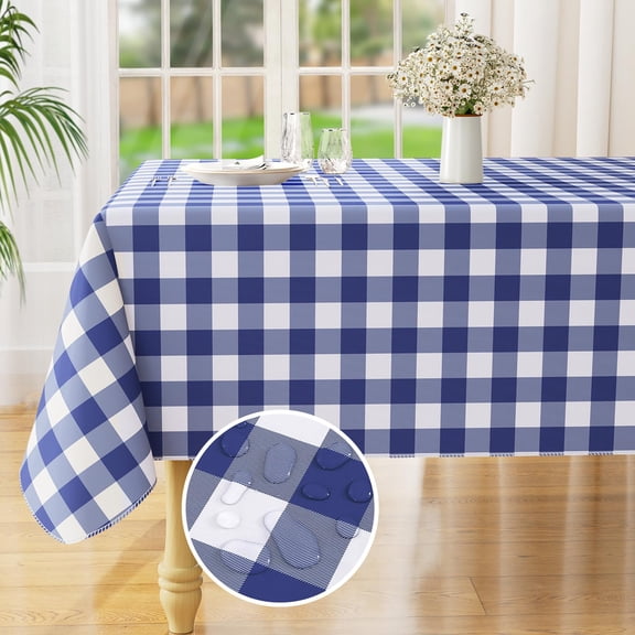 decorUhome Rectangle Tablecloth, Waterproof Vinyl Flannel Backed Table Cloth, Buffalo Wipeable Plastic Table Cover for Kitchen and Outdoor, Navy and White, 60" x 120"