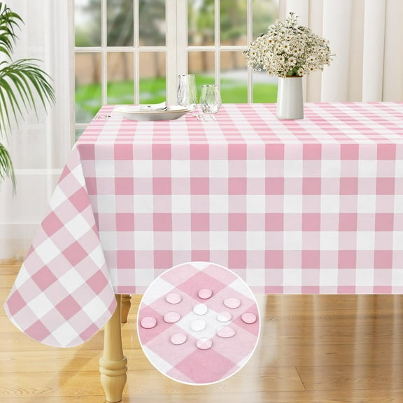 decorUhome Rectangle Tablecloth, Waterproof Vinyl Flannel Backed Table Cloth, Buffalo Wipeable Plastic Table Cover for Kitchen and Outdoor, Pink and White, 60" x 84"