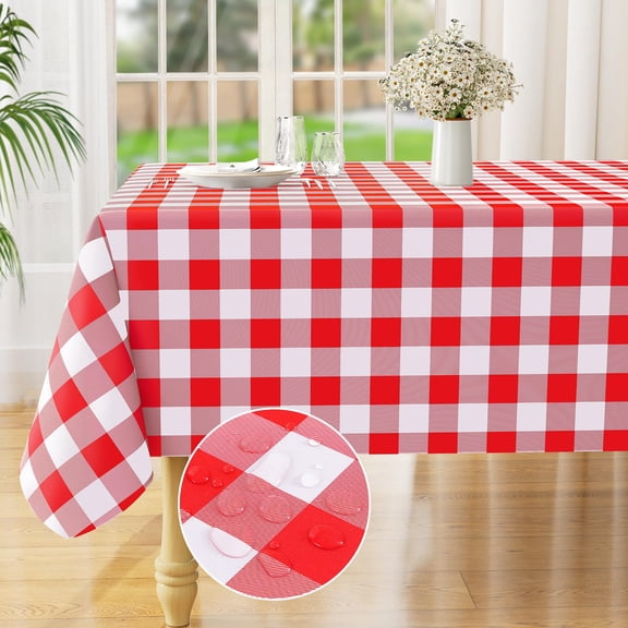 decorUhome Rectangle Tablecloth, Waterproof Vinyl Flannel Backed Table Cloth, Buffalo Wipeable Plastic Table Cover for Kitchen and Outdoor, Red and White, 52" x 70"