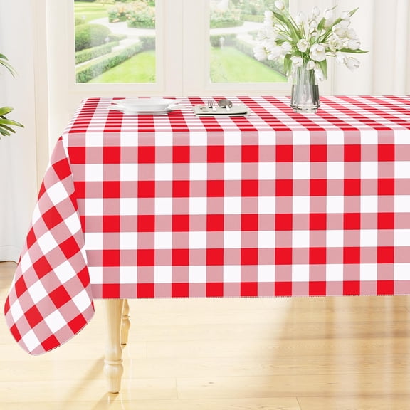 decorUhome Rectangle Tablecloth, Waterproof Vinyl Flannel Backed Table Cloth, Buffalo Wipeable Plastic Table Cover for Kitchen and Outdoor, Red and White, 60" x 84"