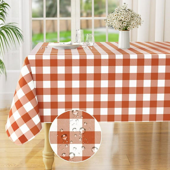 decorUhome Rectangle Tablecloth, Waterproof Vinyl Flannel Backed Table Cloth, Buffalo Wipeable Plastic Table Cover for Kitchen and Outdoor, Rust and White, 60" x 120"