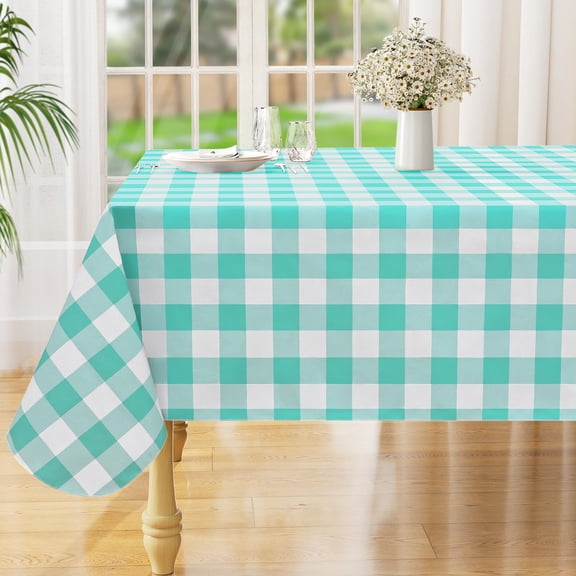 decorUhome Rectangle Tablecloth, Waterproof Vinyl Flannel Backed Table Cloth, Buffalo Wipeable Plastic Table Cover for Kitchen and Outdoor, Teal and White, 52" x 70"