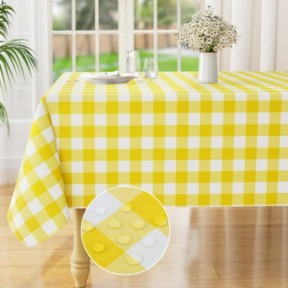 decorUhome Rectangle Tablecloth, Waterproof Vinyl Flannel Backed Table Cloth, Buffalo Wipeable Plastic Table Cover for Kitchen and Outdoor, Yellow and White, 52" x 70"