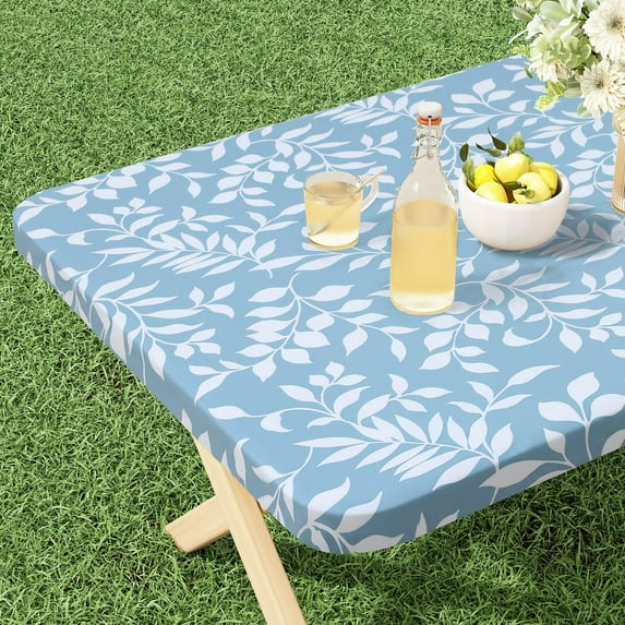 decorUhome Rectangle Waterproof Fitted Tablecloth for 30"x 48" Tables, Elastic Plastic Flannel Backed Table Cover for Dinner, Outdoor, Picnic, Blue Leaves