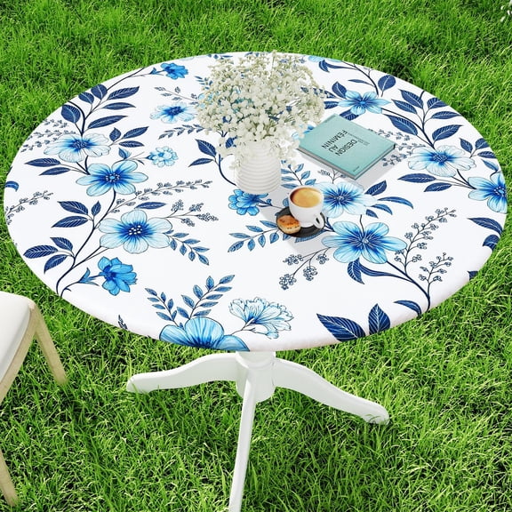 decorUhome Round Spandex Fitted Tablecloth for 36"-44" Tables, Washable Picnic Table Cover with Elastic, Washable Reusable Table Cloth for Party, Dining, Blue Flower