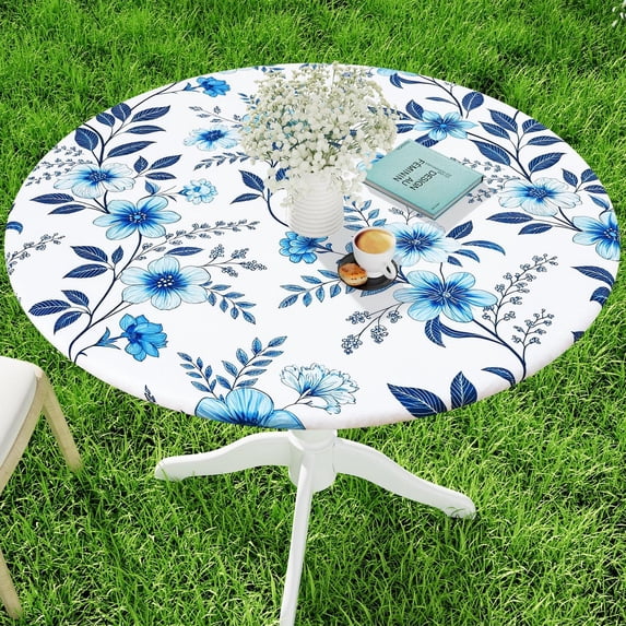 decorUhome Round Spandex Fitted Tablecloth for 36"-44" Tables, Washable Picnic Table Cover with Elastic, Washable Reusable Table Cloth for Dining, Blue Flower