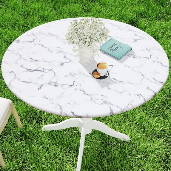 decorUhome Round Spandex Fitted Tablecloth for 36"-44" Tables, Washable Picnic Table Cover with Elastic, Washable Reusable Table Cloth for Dining, Marble