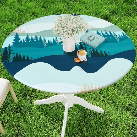 decorUhome Round Spandex Fitted Tablecloth for 57"-68" Tables, Washable Picnic Table Cover with Elastic, Washable Reusable Table Cloth for Dining, Forest