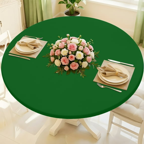 decorUhome Round Stretch Spandex Tablecloth, Washable Reusable Table Cover for 36"-44" Tables, Waterproof Fitted Table Cloth for Party, Picnic, Emerald Green