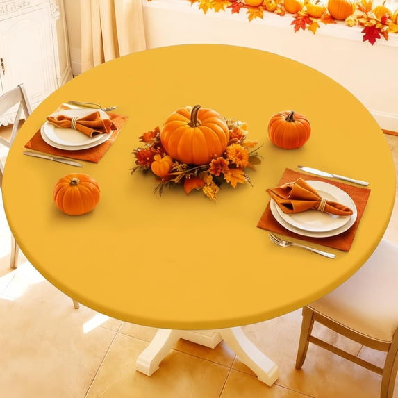 decorUhome Round Stretch Spandex Tablecloth, Washable Reusable Table Cover for 57"-68" Tables, Waterproof Fitted Table Cloth for Party, Picnic, Mustard Yellow