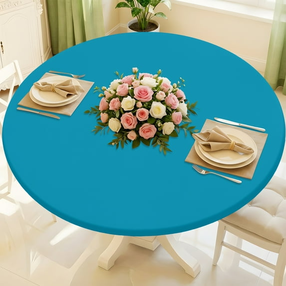 decorUhome Round Stretch Spandex Tablecloth, Washable Reusable Table Cover for 57"-68" Tables, Waterproof Fitted Table Cloth for Party, Picnic, Turquoise