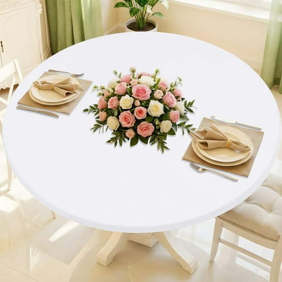 decorUhome Round Stretch Spandex Tablecloth, Washable Reusable Table Cover for 45"-56" Tables, Waterproof Fitted Table Cloth for Party, Picnic, White