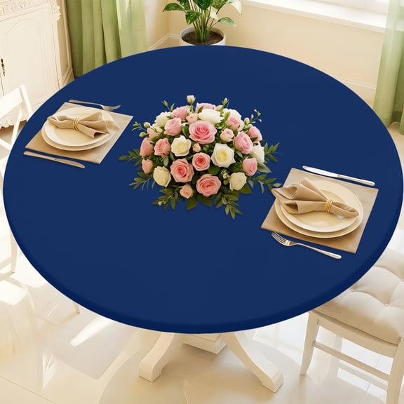 decorUhome Round Stretch Spandex Tablecloth, Washable Reusable Table Cover for 57"-68" Tables, Waterproof Fitted Table Cloth for Party, Picnic, Navy