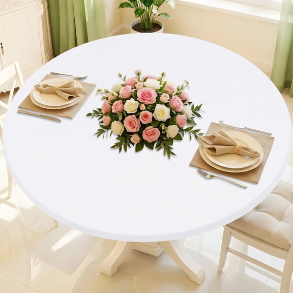 decorUhome Round Stretch Spandex Tablecloth, Washable Reusable Table Cover for 57"-68" Tables, Waterproof Fitted Table Cloth for Party, Picnic, White