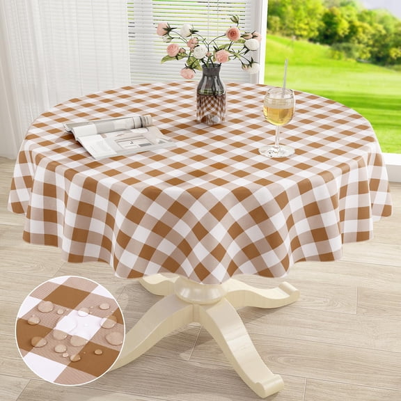 decorUhome Round Tablecloth, Waterproof Vinyl Flannel Backed Table Cloth, Buffalo Wipeable Plastic Table Cover for Kitchen and Outdoor, Brown and White, 60" Round