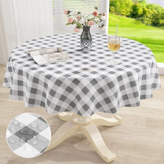 decorUhome Round Tablecloth, Waterproof Vinyl Flannel Backed Table Cloth, Buffalo Wipeable Plastic Table Cover for Kitchen and Outdoor, Grey and White, 60" Round