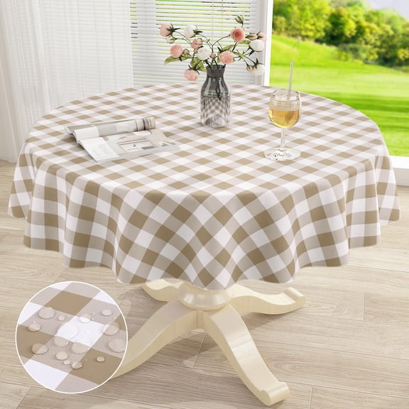 decorUhome Round Tablecloth, Waterproof Vinyl Flannel Backed Table Cloth, Buffalo Wipeable Plastic Table Cover for Kitchen and Outdoor, Khaki and White, 60" Round