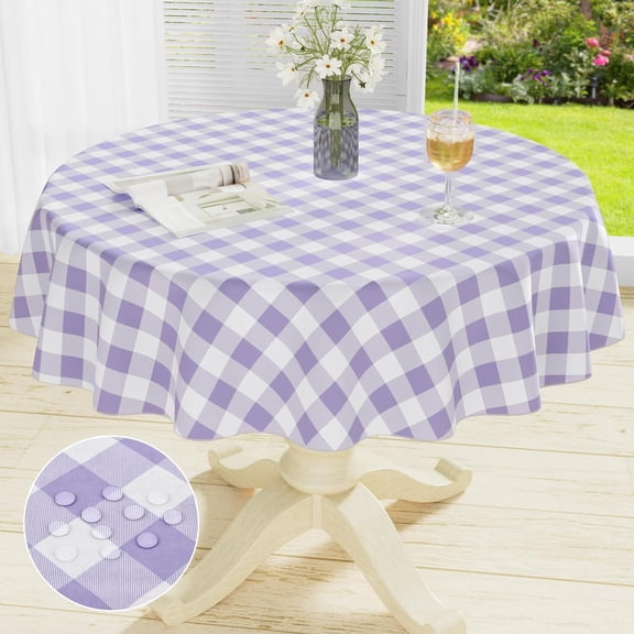 decorUhome Round Tablecloth, Waterproof Vinyl Flannel Backed Table Cloth, Buffalo Wipeable Plastic Table Cover for Kitchen and Outdoor, Lavender and White, 60" Round