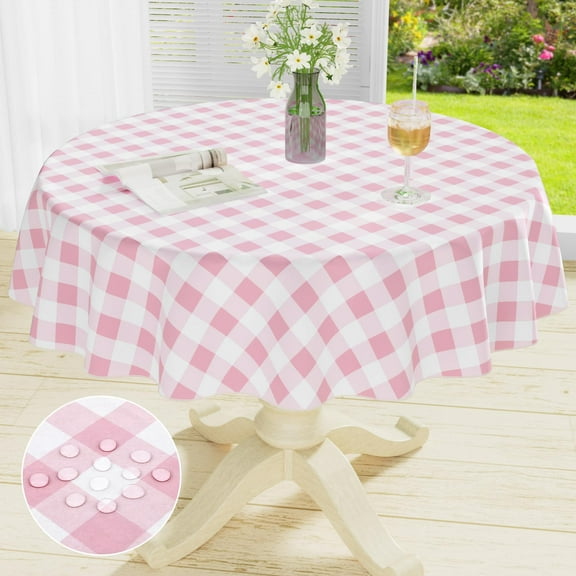 decorUhome Round Tablecloth, Waterproof Vinyl Flannel Backed Table Cloth, Buffalo Wipeable Plastic Table Cover for Kitchen and Outdoor, Pink and White, 60" Round