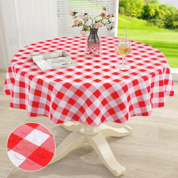 decorUhome Round Tablecloth, Waterproof Vinyl Flannel Backed Table Cloth, Buffalo Wipeable Plastic Table Cover for Kitchen and Outdoor, Red and White, 60" Round