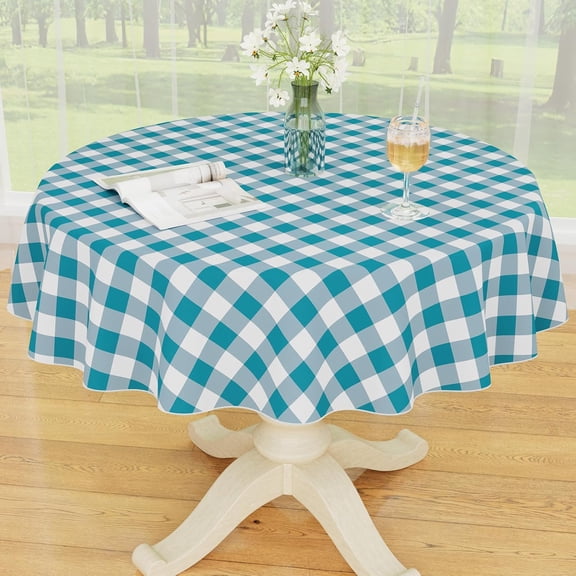 decorUhome Round Tablecloth, Waterproof Vinyl Flannel Backed Table Cloth, Buffalo Wipeable Plastic Table Cover for Kitchen and Outdoor, Turquoise and White, 60" Round