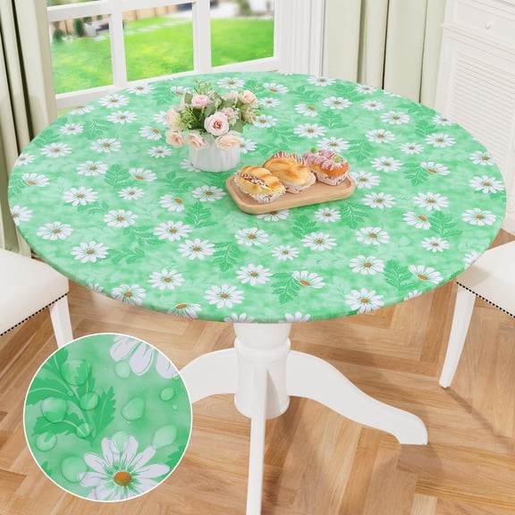 decorUhome Round Waterproof Fitted Tablecloth for 57" - 68" Tables, Elastic Plastic Flannel Backed Table Cover for Dinner, Outdoor, Picnic, Green Daisy