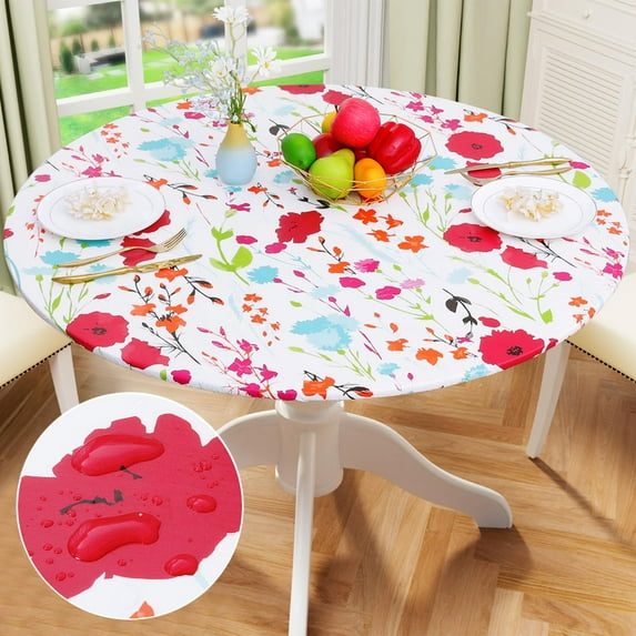 decorUhome Round Waterproof Fitted Tablecloth for 36" - 44" Tables, Elastic Plastic Flannel Backed Table Cover for Dinner, Outdoor, Picnic, Flowers