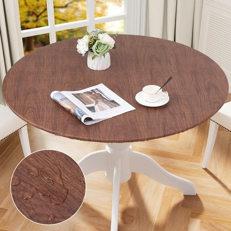 decorUhome Round Waterproof Fitted Tablecloth for 36" - 44" Tables, Elastic Plastic Flannel Backed Table Cover for Dinner, Outdoor, Picnic, Oak