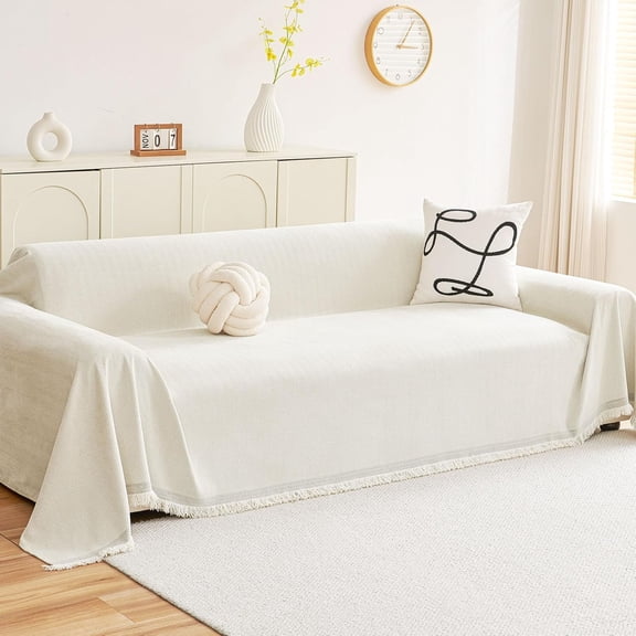 decorUhome Sofa cover for 3-Cushion Couch, Washable Slipcover with Tassels, Soft Chenille Couch Cover for Pets & Kids, Home Decor (Beige, 71" x 134")